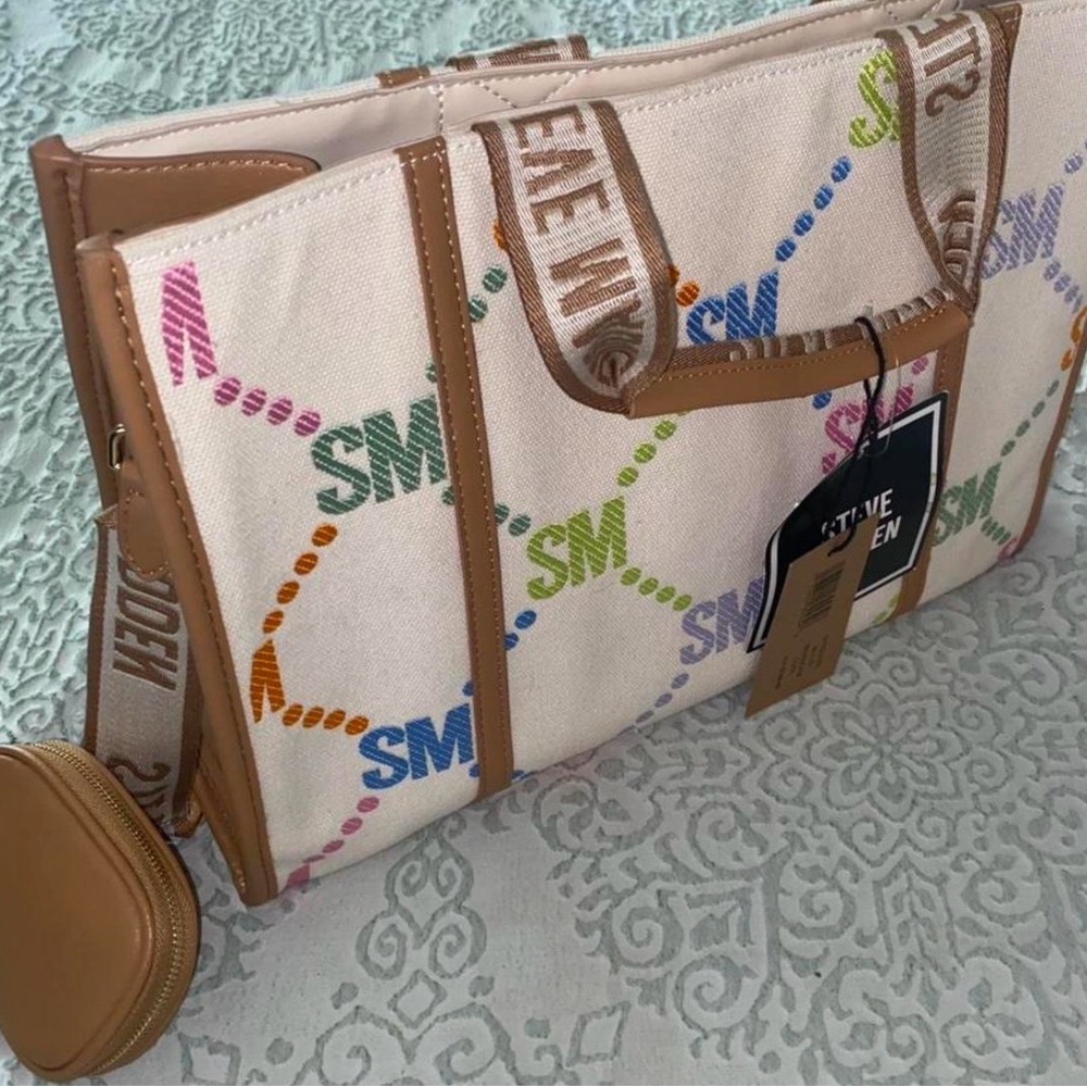 Steve Madden Multi-Color Logo Canvas Tote with Tan Trim